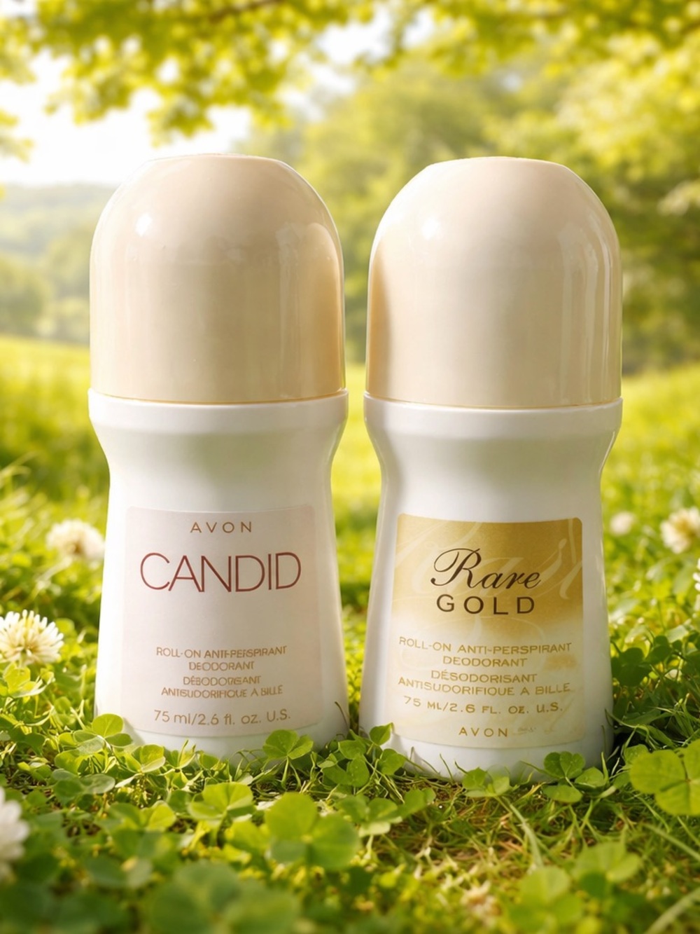 Avon Candid & Rare Gold Roll-On Deodorants — Cream, White